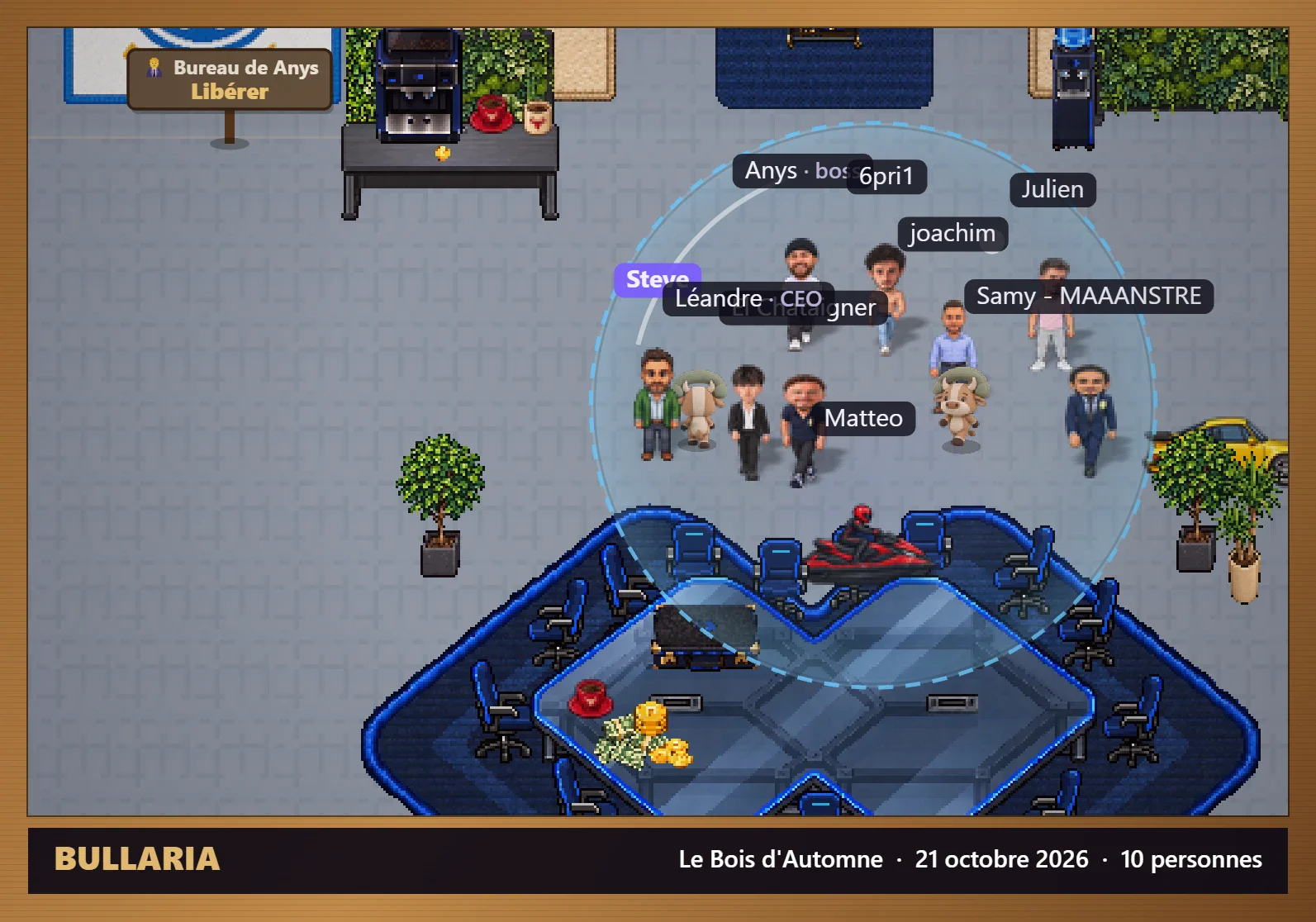 Photo de groupe de l’équipe réunie dans le bureau virtuel Bullaria, le 21 octobre 2026