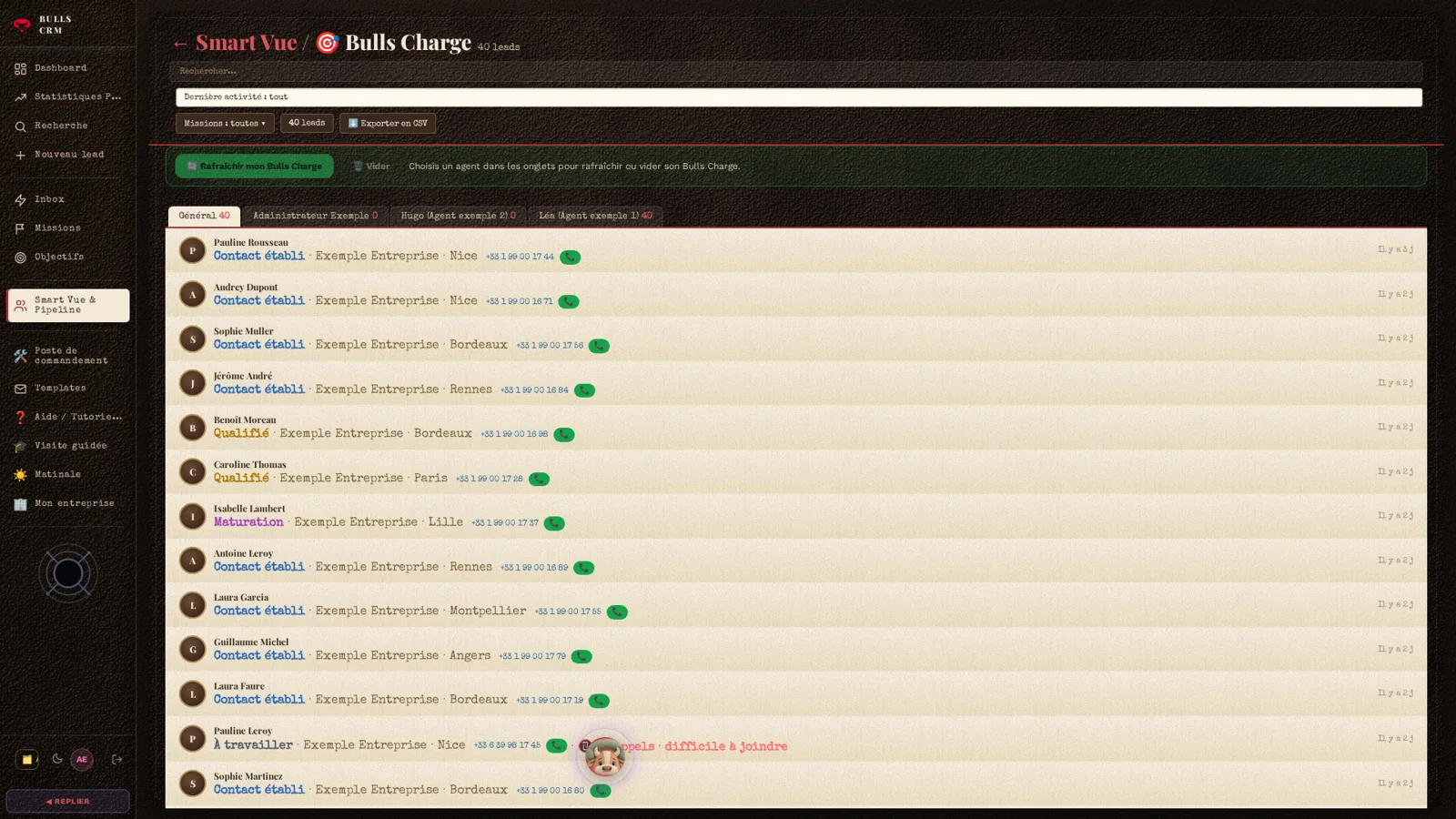 La liste d’appels Bulls Charge de BULLS CRM
