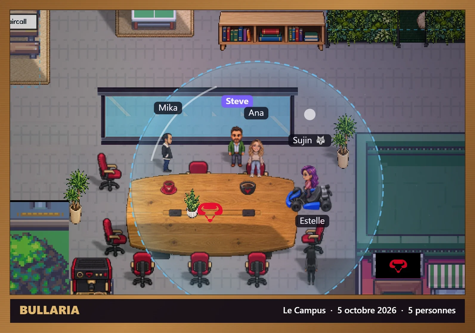 Photo de groupe de l’équipe au Bullaria Center : Steve, Mika, Ana, Sujin et Estelle autour de la table de réunion