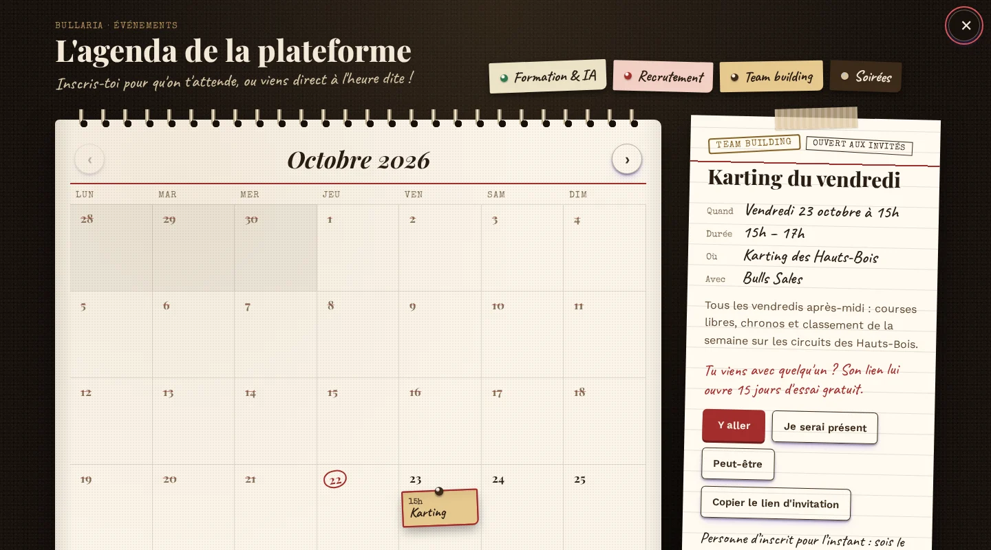 L’agenda des événements de la plateforme Bullaria, avec la fiche du karting du vendredi