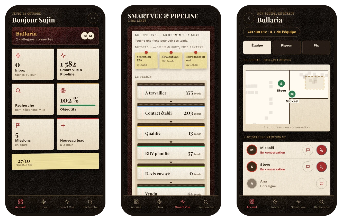 Bullaria Poche sur téléphone : accueil du CRM, Smart Vue et pipeline, équipe en direct dans Bullaria